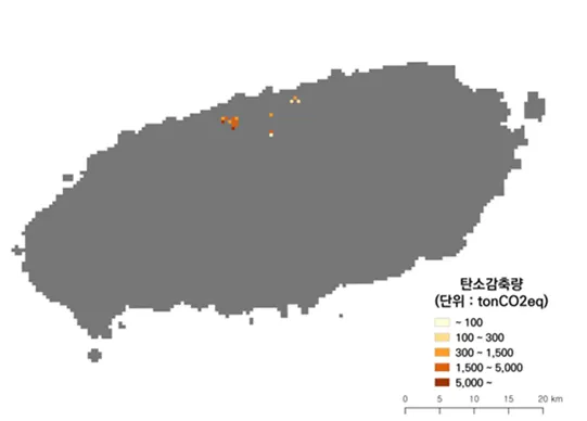 탄소 감축량을 단위 tonCo2eq로 표시한 데이터 지도 예시 사진 