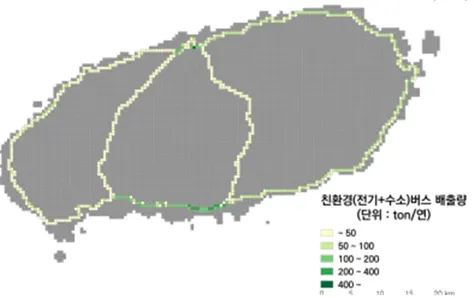 주요 간선 지선 버스 노선에 친환경 탄소배출량을 표시한 데이터 지도