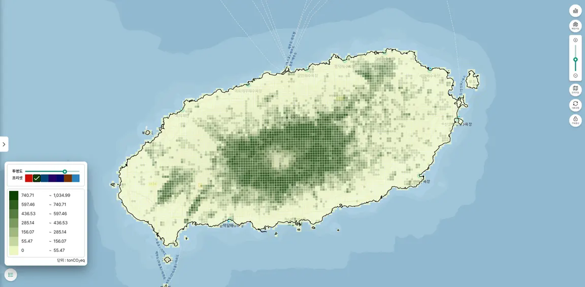 산림의 탄소흡수량을 데이터화 한 탄소공간지도 예시사진